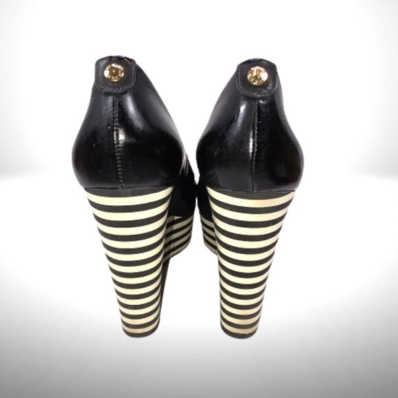 Michael Kors Black Leather Striped Peep Toe Platform Wedge Size: 7.5 - Picture 3 of 10
